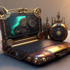 Steampunk-inspired laptop with metallic gears and ornate gold designs.