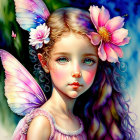 Digital artwork: Young girl with butterfly wings and flower-adorned hair on blue background