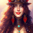 Portrait of Woman with Auburn Hair and Red Lipstick in Adorned Hat and Jewelry