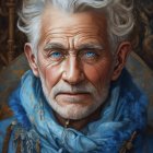 Elderly man with blue eyes and white hair in ornate blue scarf