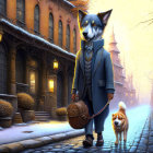 Anthropomorphic dog walking another dog on snowy street at sunrise