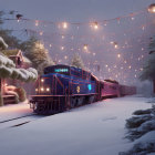 Blue festive wreath-adorned train in snowy dusk landscape.