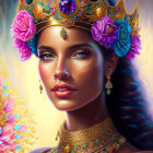 Regal woman with jeweled crown and gold accessories among vibrant flowers on soft backdrop