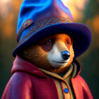 Red Panda in Blue Hat and Red Coat on Autumn Background