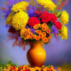 Colorful Flower Bouquet in Amber Vase on Purple Background