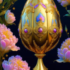 Intricate Golden Egg with Jewels and Pink Flowers on Dark Background