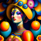 Vibrant surreal portrait of a woman with elaborate yellow hat and colorful flowers