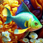 Colorful digital artwork: Blue and yellow fish in psychedelic fantasy scene