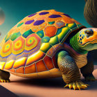 Colorful Turtle Illustration with Ornate Shell in Surreal Setting