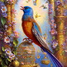 Colorful painting featuring large bird, open cage, butterflies, flowers, and soft light.