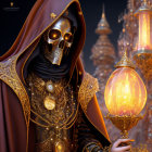 Robed Figure with Golden Skull Face and Luminous Staff