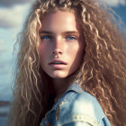 Blonde woman with curly hair in denim jacket against sunny backdrop