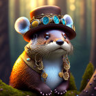 Anthropomorphic otter in steampunk attire in mystical forest