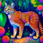 Colorful Patterned Cat in Lush Foliage with Fantasy Atmosphere