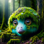 Blue-furred whimsical creature with expressive eyes in lush green forest