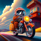 Animated raccoon on motorbike rides by neon-lit building under dramatic sky