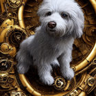 Fluffy White Dog in Front of Golden Steampunk Background