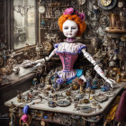 Orange-Haired Doll in Victorian Dress Surrounded by Vintage Clocks and Mechanical Parts