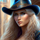 Blonde Woman in Blue Hat and Medieval Outfit Portrait