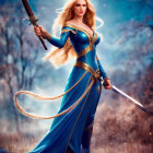 Woman in Blue Medieval Costume with Sword and Rope in Mystical Forest