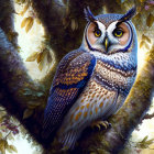 Detailed painting of majestic owl on tree branch in sunlight