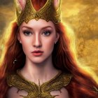 Digital artwork of a woman with red hair in ornate armor and golden crown against warm backdrop