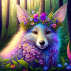 Colorful fox with floral crown in enchanted forest ambiance