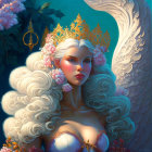 Regal woman with golden crown, surrounded by lush flowers and majestic white swan