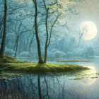 Tranquil lake in misty forest under full moon