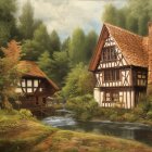 Tranquil scene of half-timbered houses in lush greenery by a stream