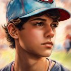 Young person in baseball cap with logo, side glance, detailed lighting & soft-focus background