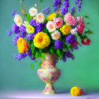 Colorful Flower Bouquet in Ornate Vase on Green Background