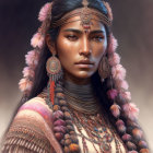 Woman with Native Tribal Jewelry, Feathered Headdress, and Face Markings