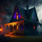 Victorian house in purple light with lightning in spooky setting