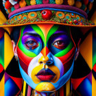 Colorful close-up portrait of person with painted face and fruit hat