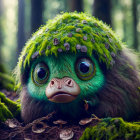 Green creature with large eyes and mossy back in mystical forest