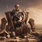 Skeletal figure on bone throne in barren landscape with skulls