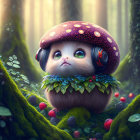 Whimsical illustration of cute creature with mushroom cap head in enchanted forest