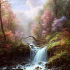 Tranquil waterfall in misty forest with flowering trees