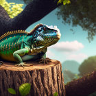 Vibrant green iguana on tree stump in lush forest with clear blue sky