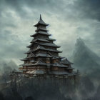 Ancient pagoda in misty mountains under dramatic sky