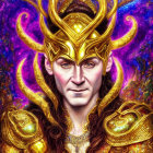 Character with Golden Crown and Armor in Colorful Cosmic Setting