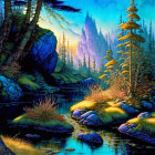 Lush Fantasy Forest with Tall Trees, River, and Colorful Flora