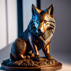 Detailed Carved Wooden Wolf Statue with Dramatic Lighting on High-Contrast Background