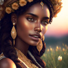 Woman with floral headpiece and gold jewelry in sunset field