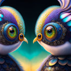 Vibrant bird-like creatures with intricate feathers and expressive eyes.