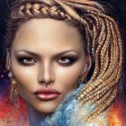 Digital artwork features woman with striking eyes, plaited hair, beads, and blue neckpiece on