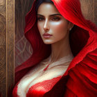 Digital portrait of woman with red hair, hood, pale skin, and elegant red & gold dress