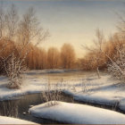 Snow-covered Winter Landscape with Bare Trees and Unfrozen Stream