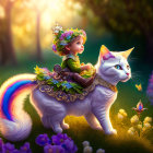 Child in green outfit riding white cat with rainbow tail among purple flowers, kitten on branch.